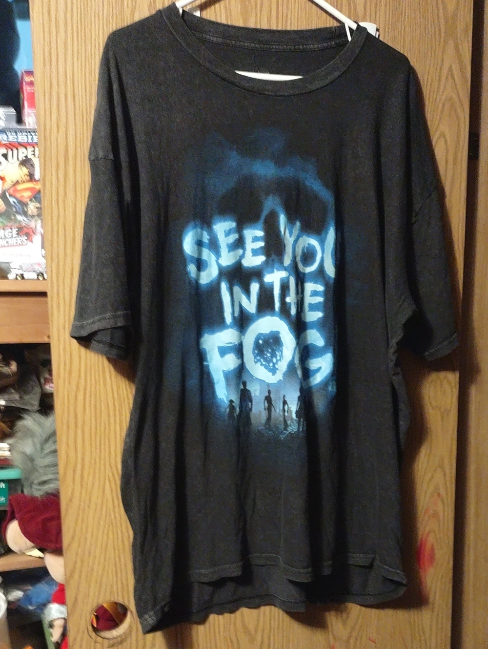 Universal Black Short Sleeve Tee with Blue 'See You in the Fog' Graphic